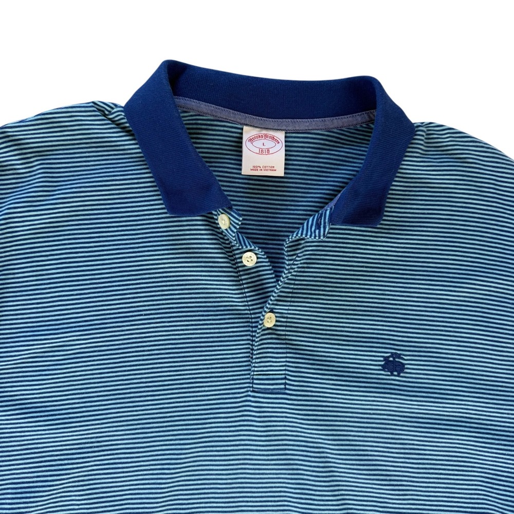 Brooks Brothers 1818 Mens Blue Striped Cotton Polo Shirt Large Short Sleeve L